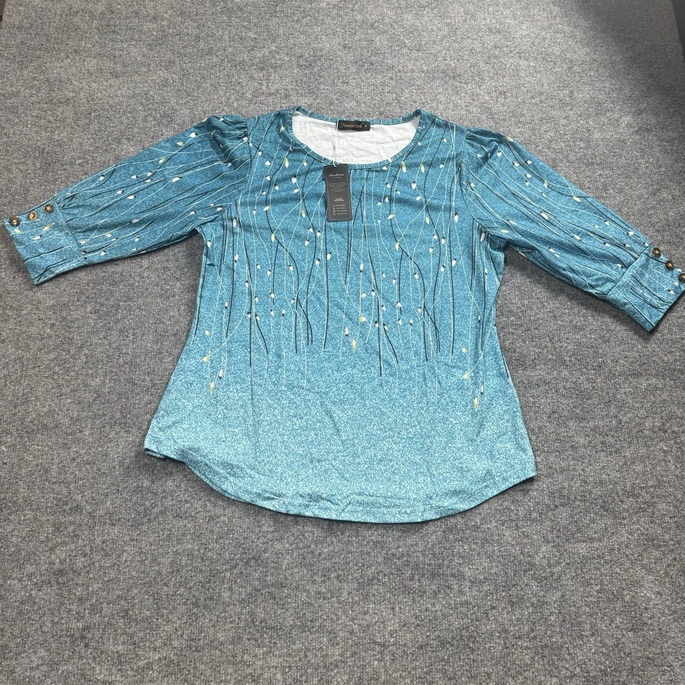 Fantaslook Women's 3/4 Sleeve Blouse Teal Blue Abstract Floral Line Tunic NWT-M
